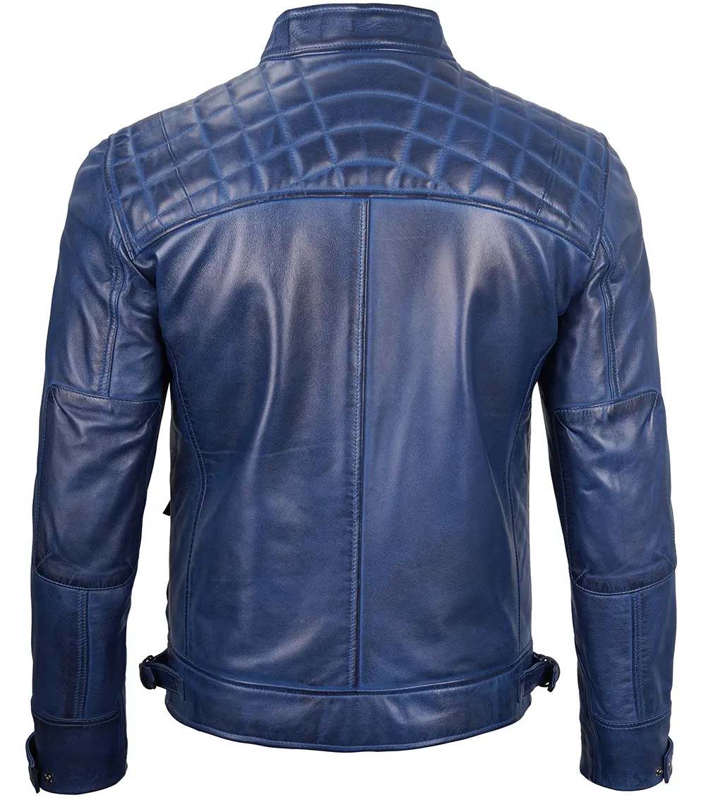 Men's Leather Blue Wax Cafe Racer Biker Jacket