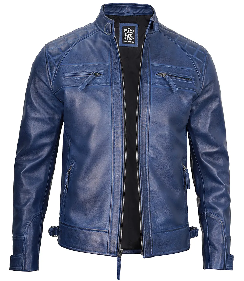 Men's Leather Blue Wax Cafe Racer Biker Jacket