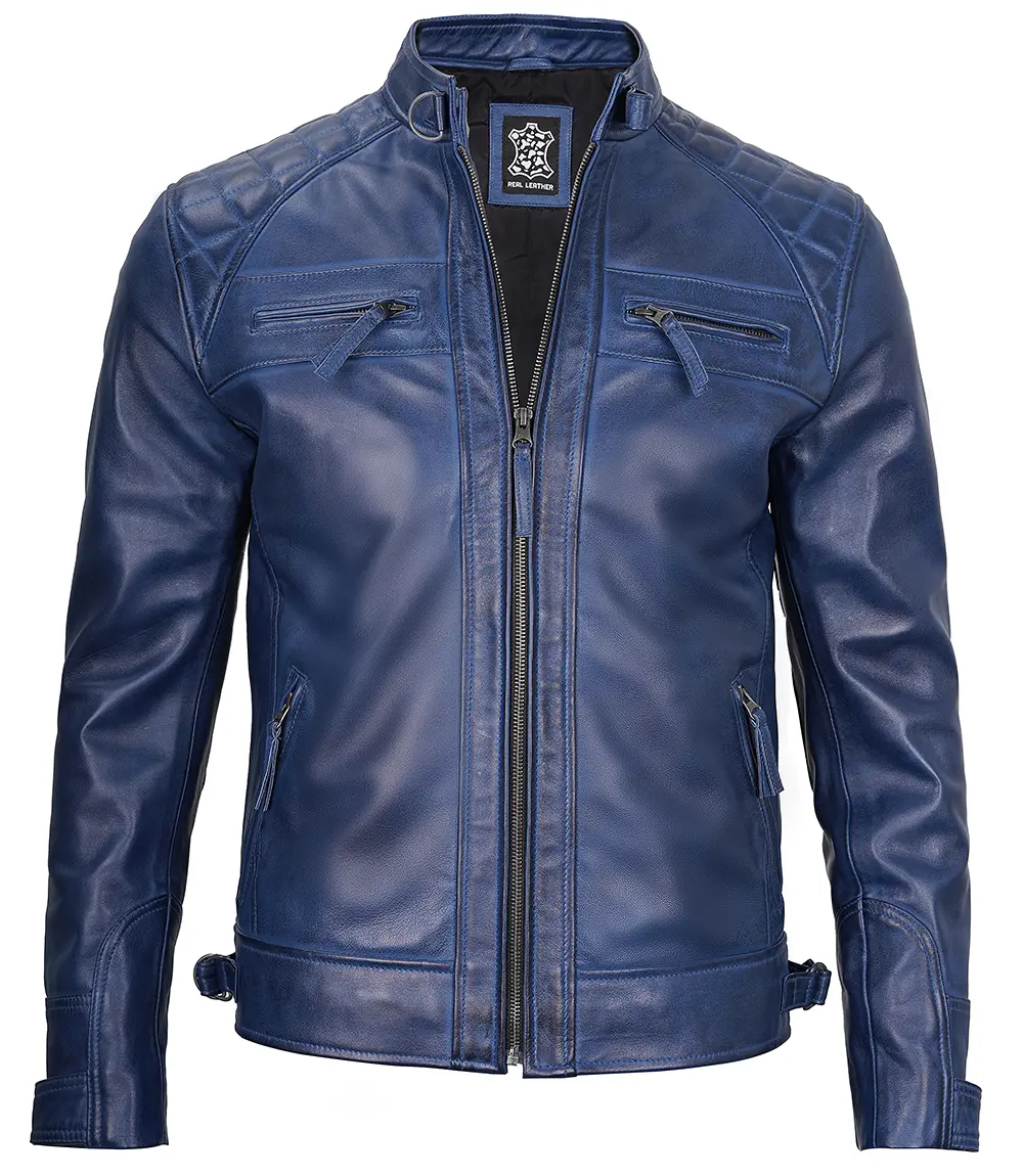 Men's Leather Blue Wax Cafe Racer Biker Jacket