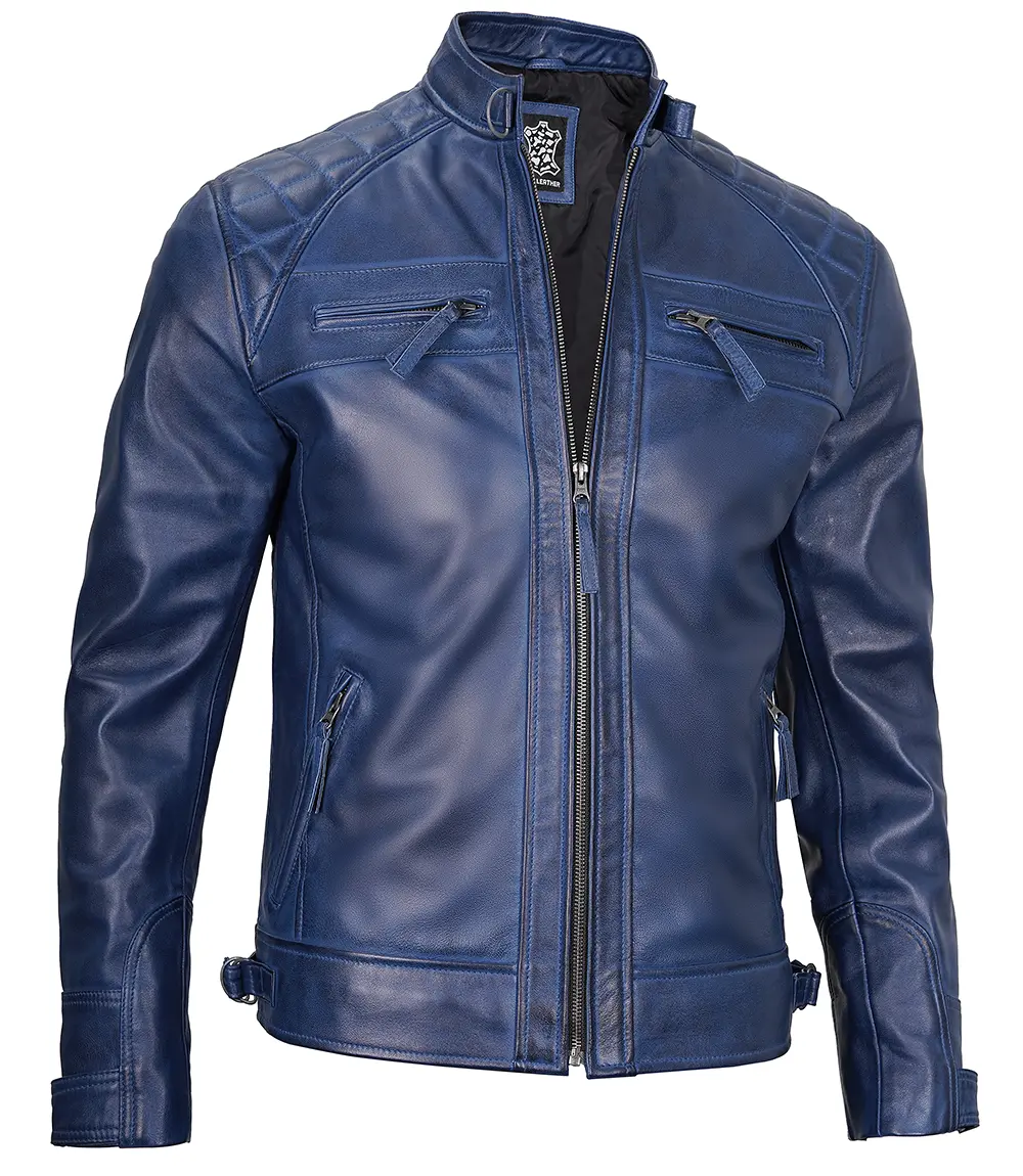 Men's Leather Blue Wax Cafe Racer Biker Jacket