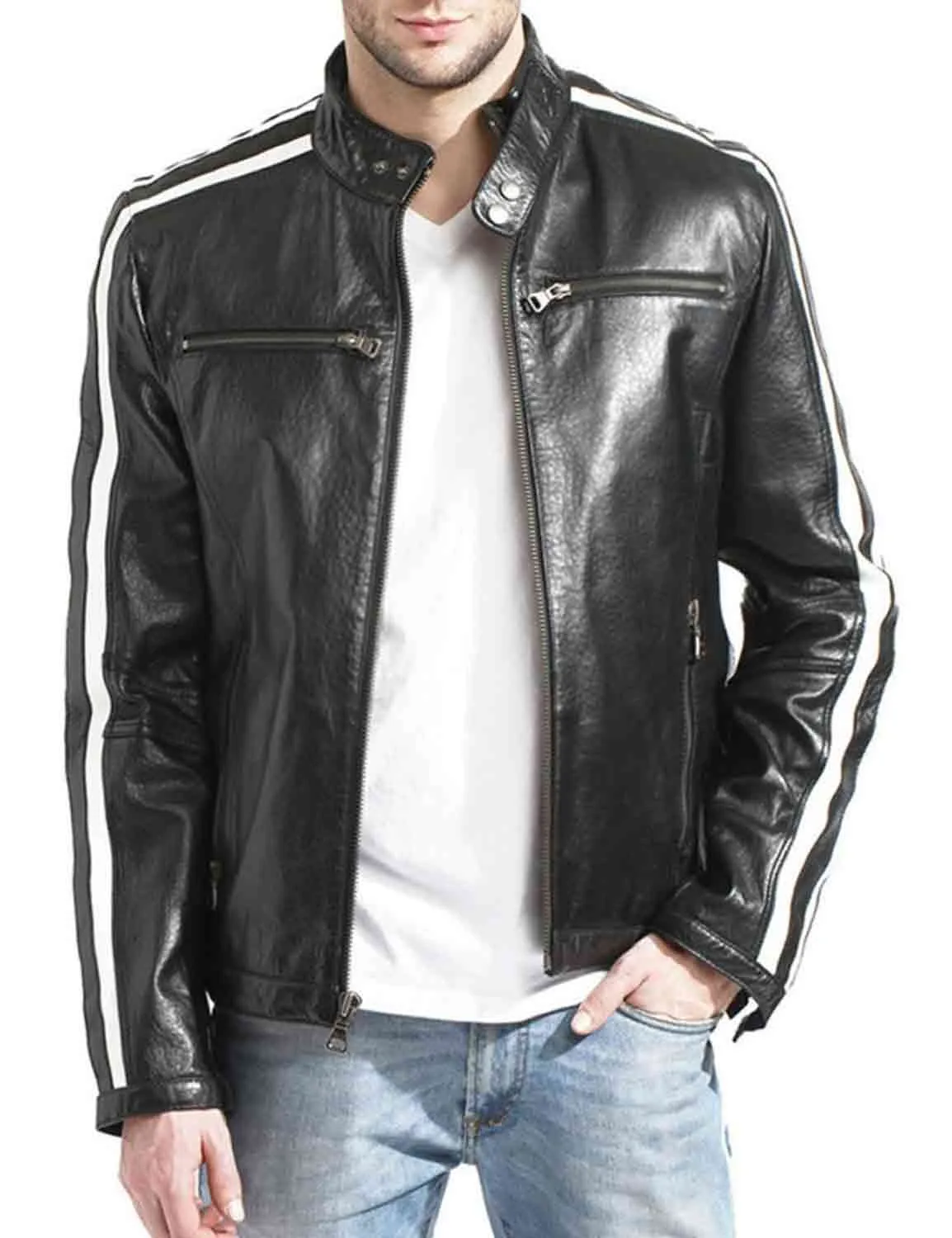 Mens Biker Striped Leather Jacket - Ujackets