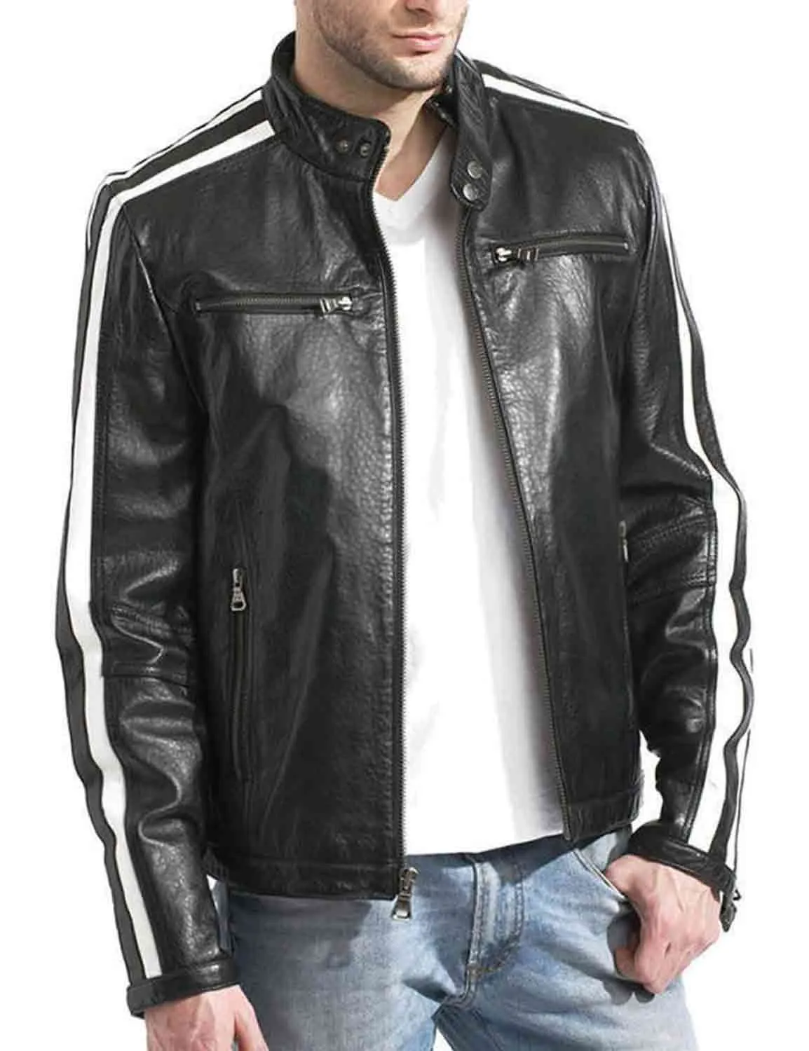 Mens Biker Striped Leather Jacket - Ujackets