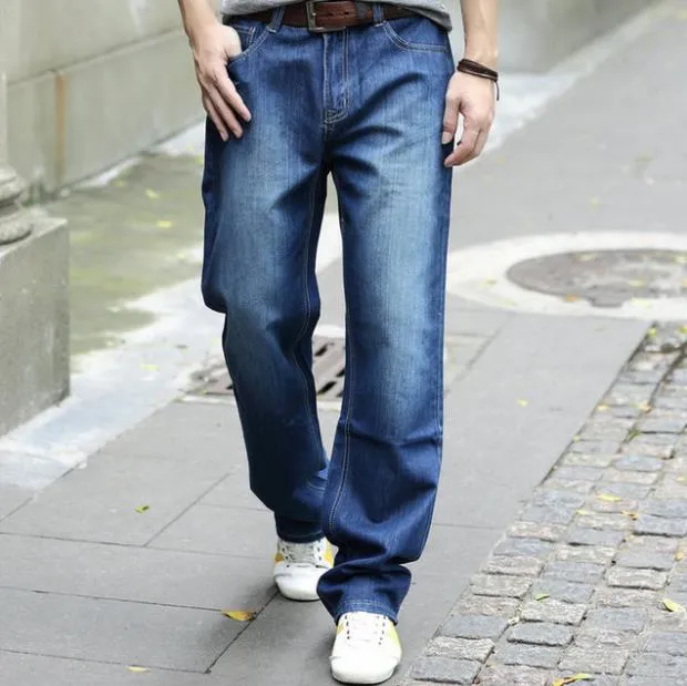 Men's Denim Casual Solid Mid-Waist Loose Cowboy Straight Pants