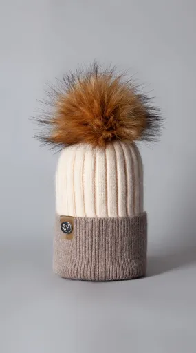 Mens Faux Harley Pom Pom Hat - Ivory & Oatmeal