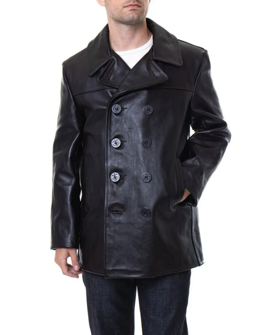 Mens Leather Pea Coat Classic Naval Pea Coat Style