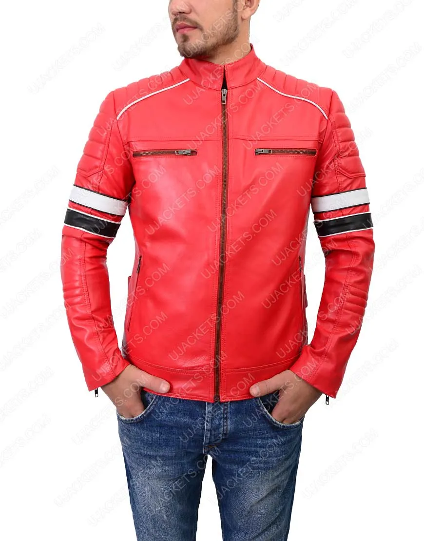 Mens Striped Padded Cafe Racer Red Leather Jacket