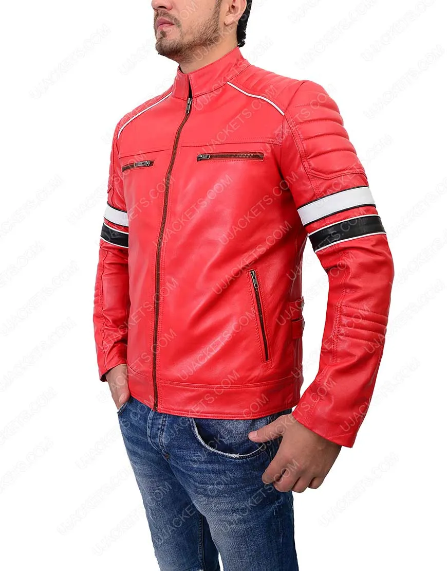 Mens Striped Padded Cafe Racer Red Leather Jacket