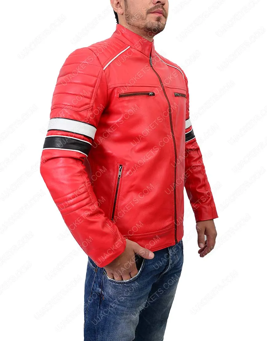 Mens Striped Padded Cafe Racer Red Leather Jacket