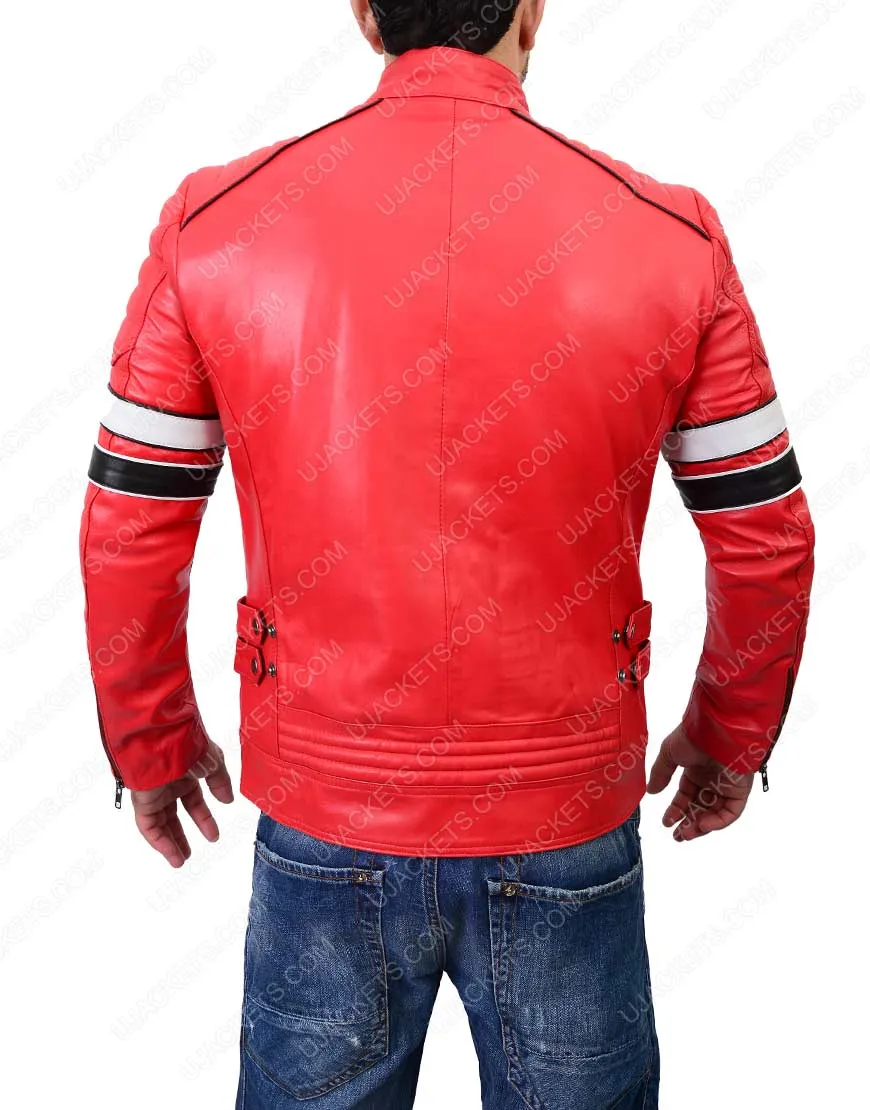 Mens Striped Padded Cafe Racer Red Leather Jacket