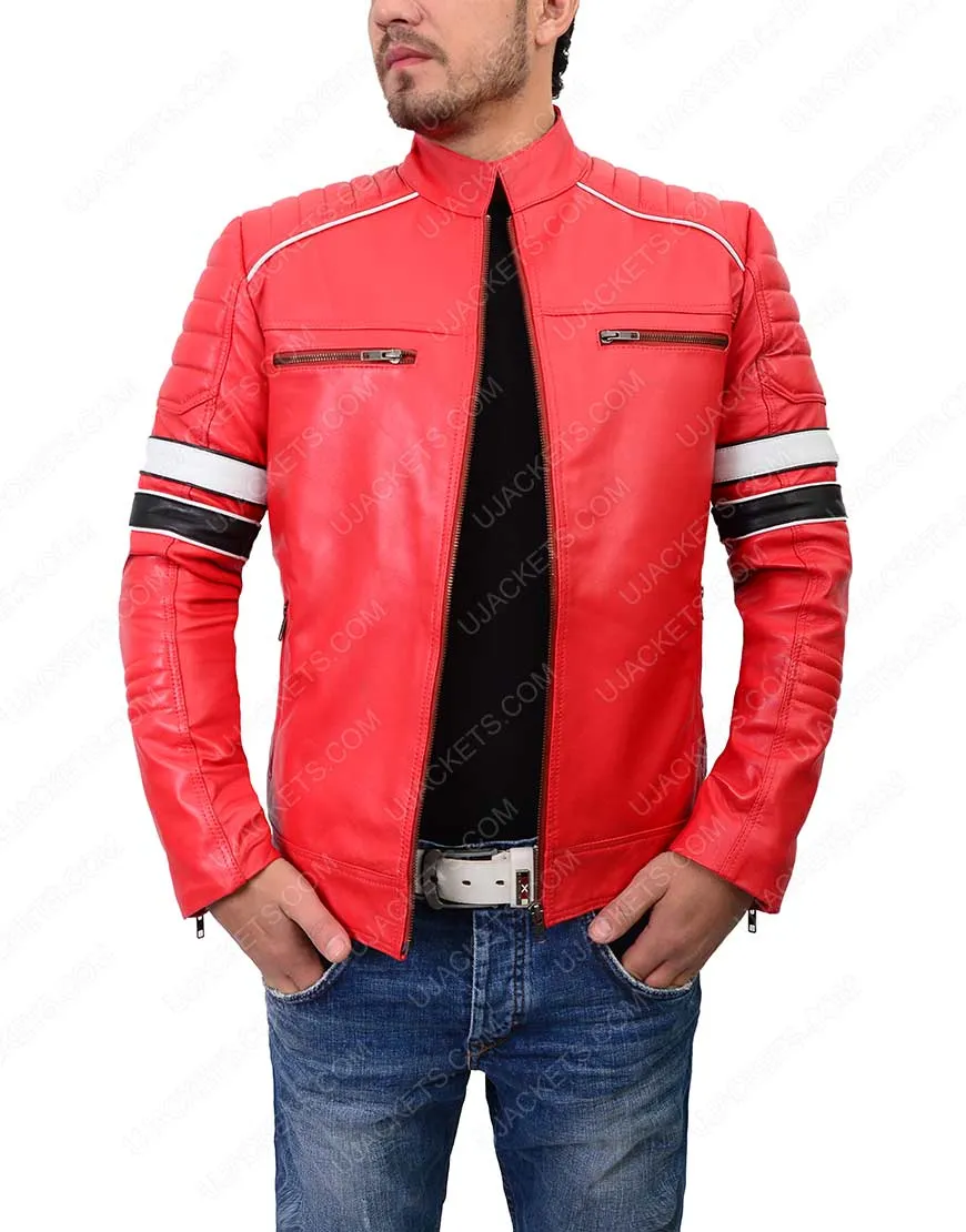 Mens Striped Padded Cafe Racer Red Leather Jacket