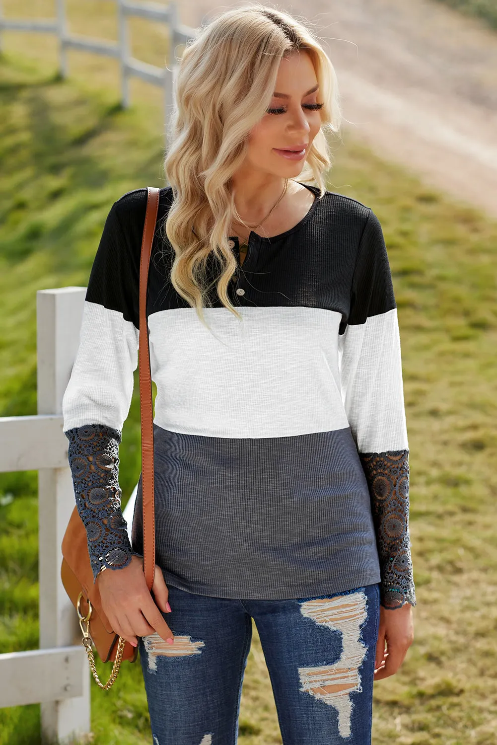 Off The Block Lace Sleeve Ribbed Top