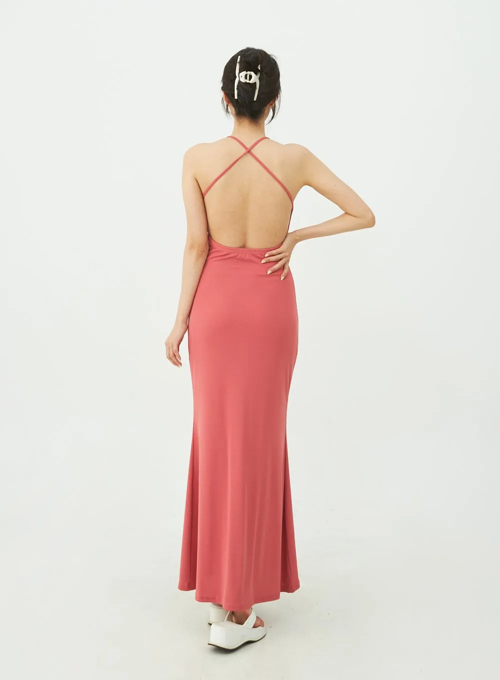 Open Back Cross Strap Maxi Dress IU11