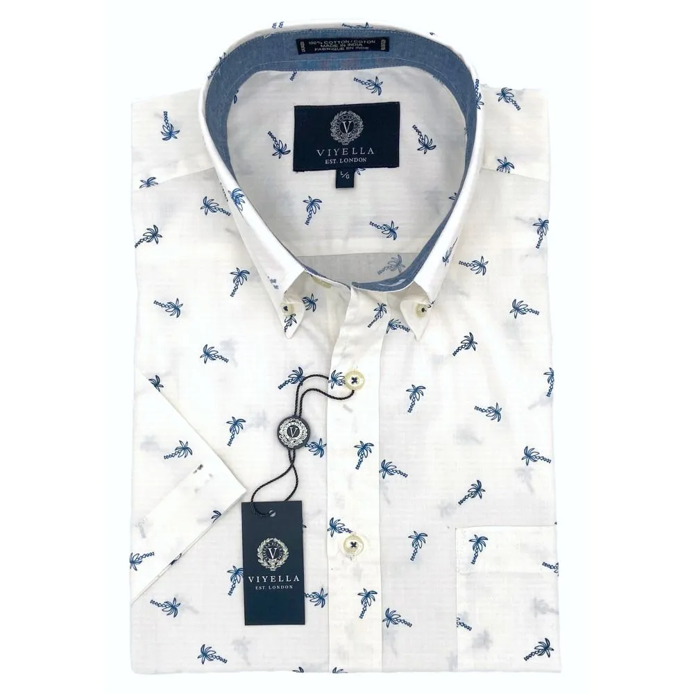 Palm Tree Neat Print Cotton Madras Short Sleeve Cotton Sport Shirt in Navy and White by Viyella