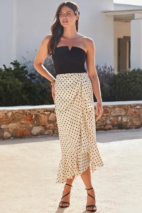 Petite Ivory Spot Print Satin Ruffle Hem Midi Skirt