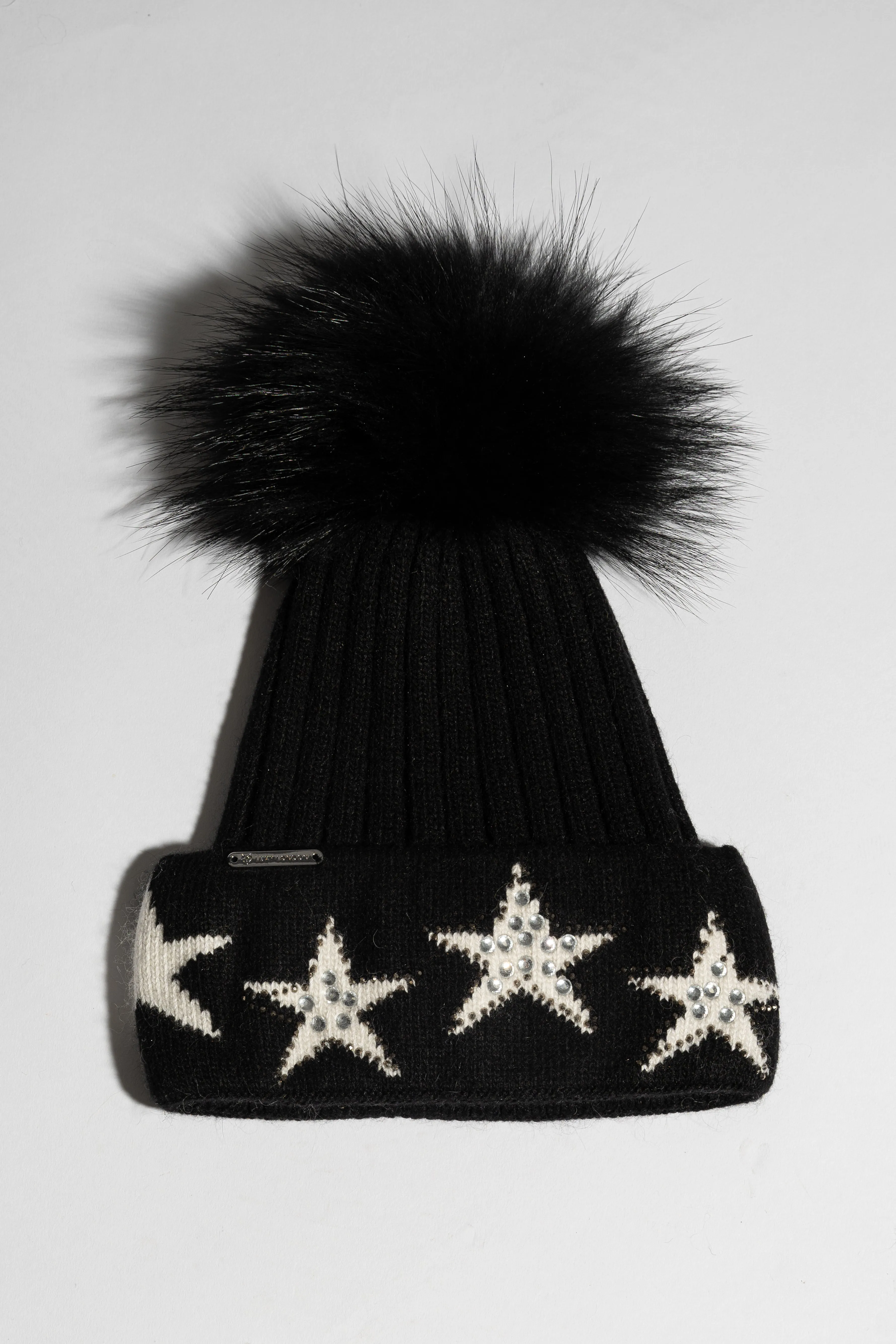 Phoenix Star Embellished Pom Pom Hat - Black