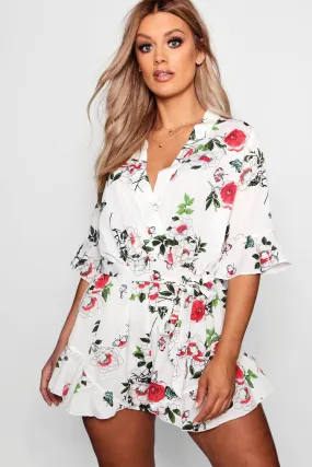 Playsuits | Plus Floral Printed Ruffle Hem Playsuit | boohoo