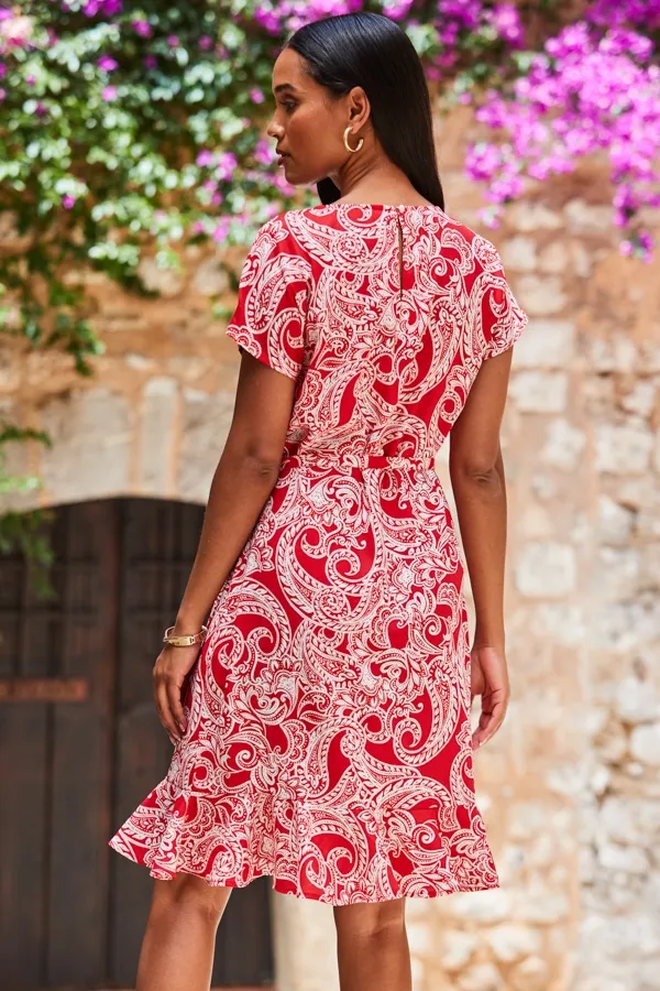 Red Paisley Print Ruffle Hem Tie Waist Dress