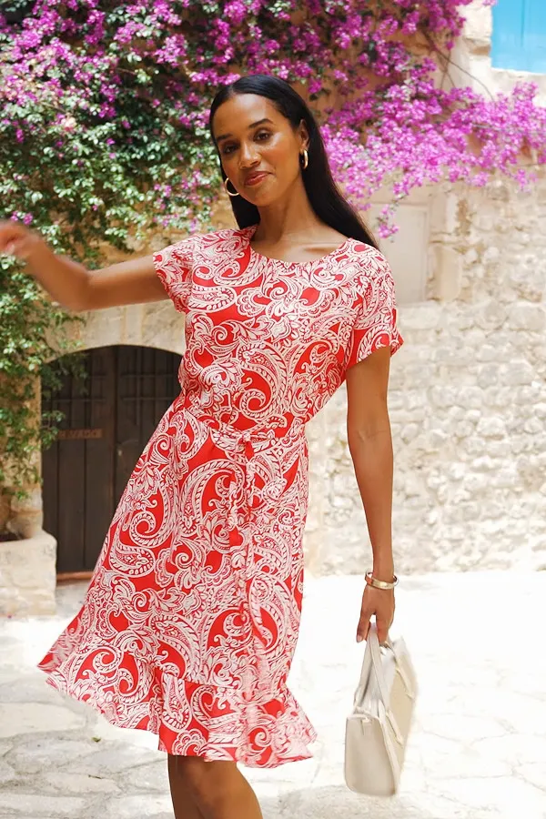 Red Paisley Print Ruffle Hem Tie Waist Dress