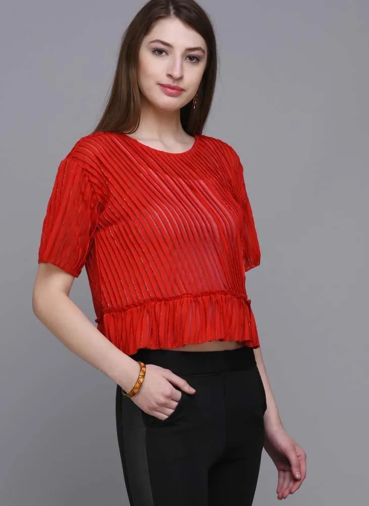 Red Shimmer Crop Top with Ruffle hem