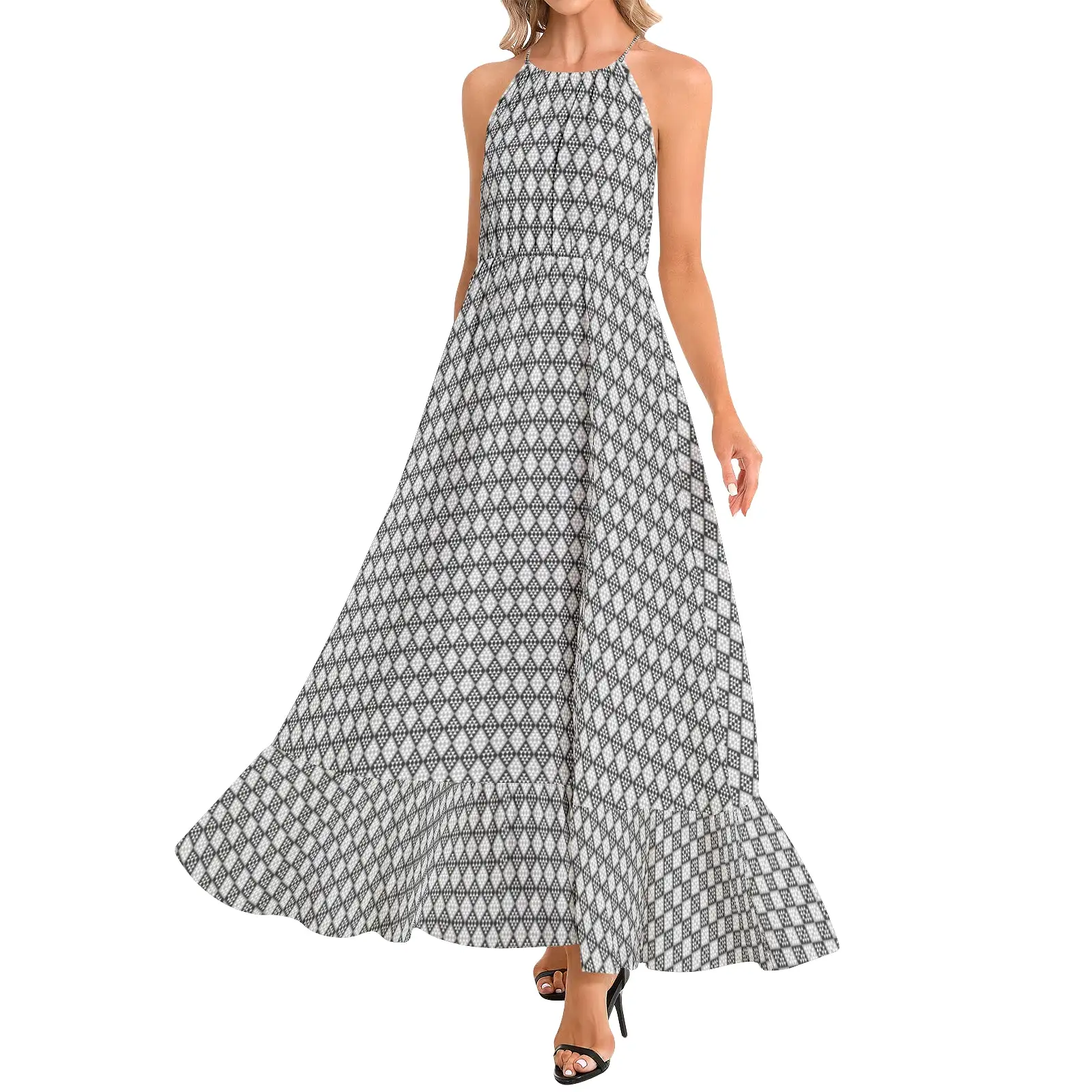 Ruffle Hem Halter Neck Maxi Dress