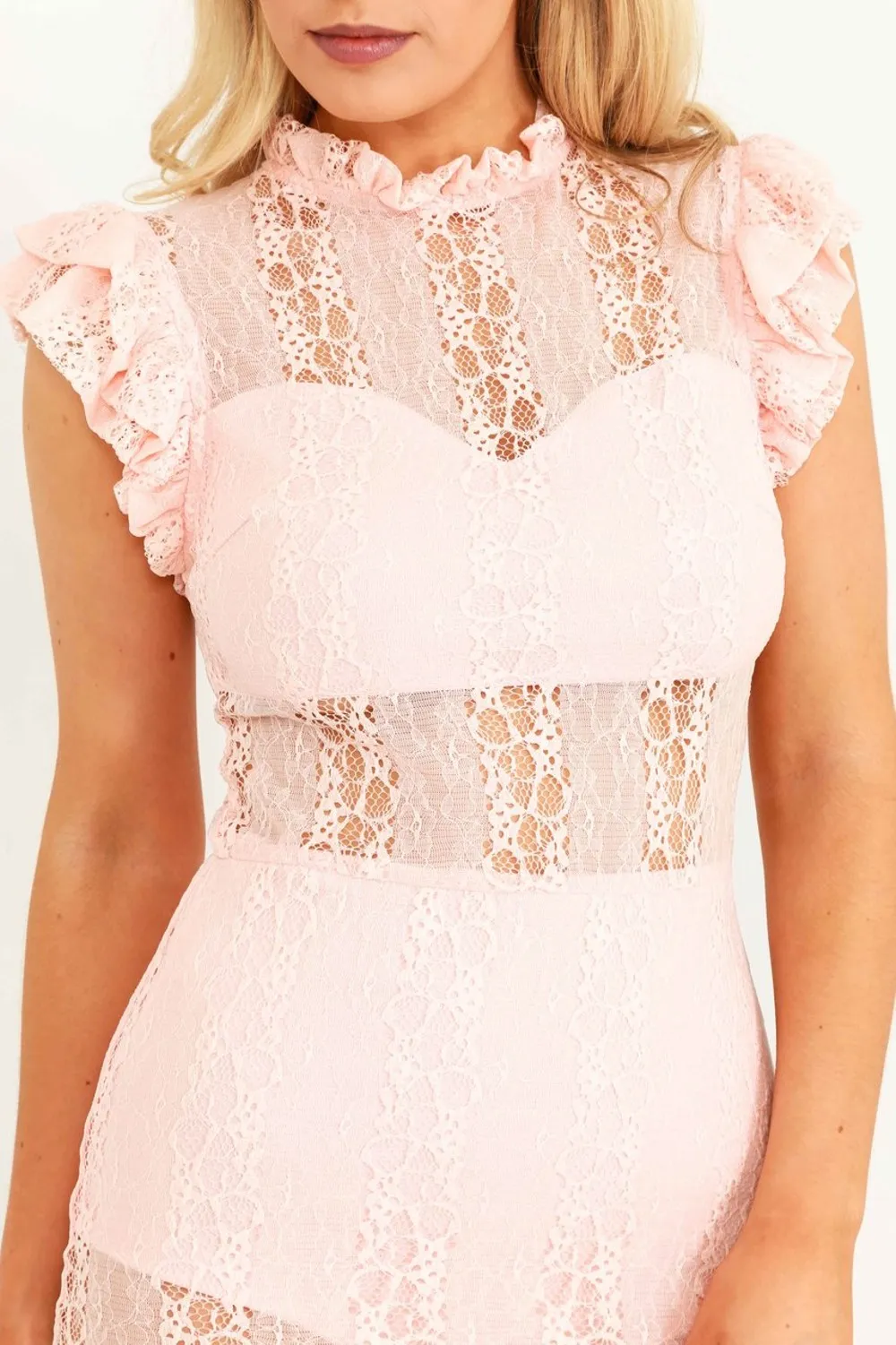 Sheer Lace Midi Dress With Ruffle Hem In Pink