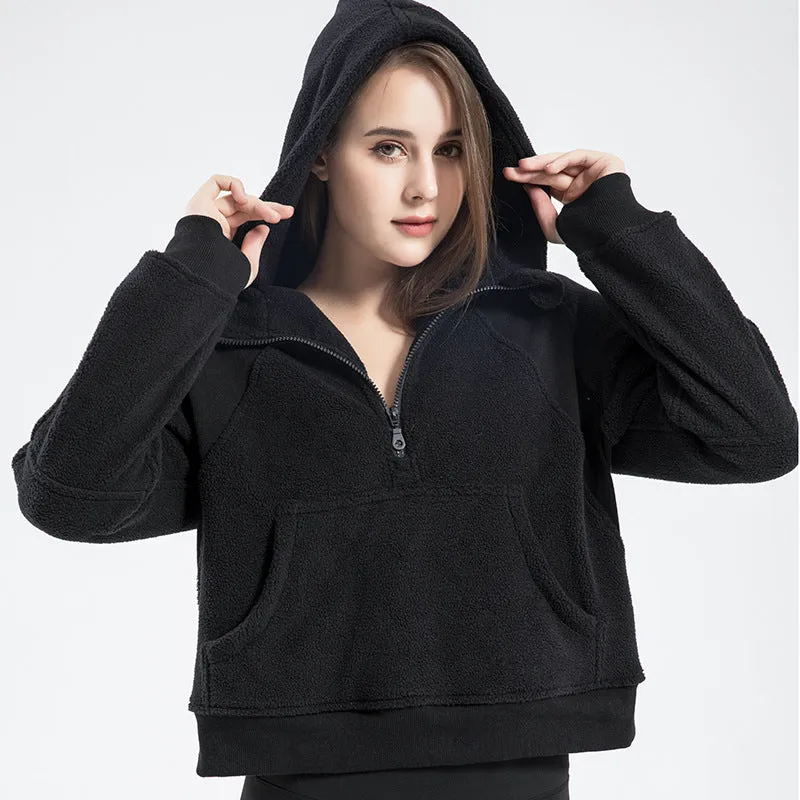 Short polar fleece sport hoodie half zipper thick gym top jacket 3colors