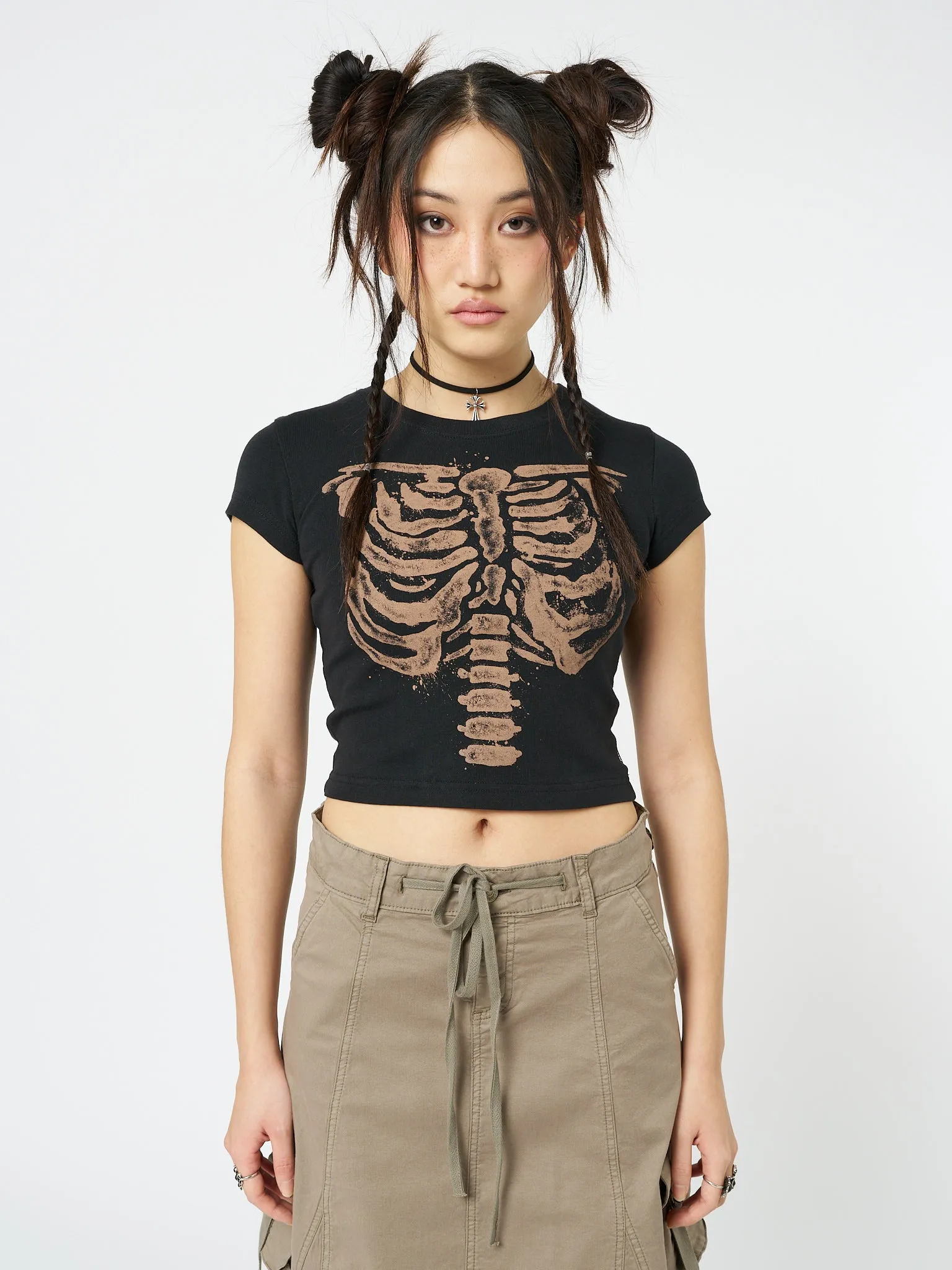 Skeleton Black Graphic Print Baby Tee