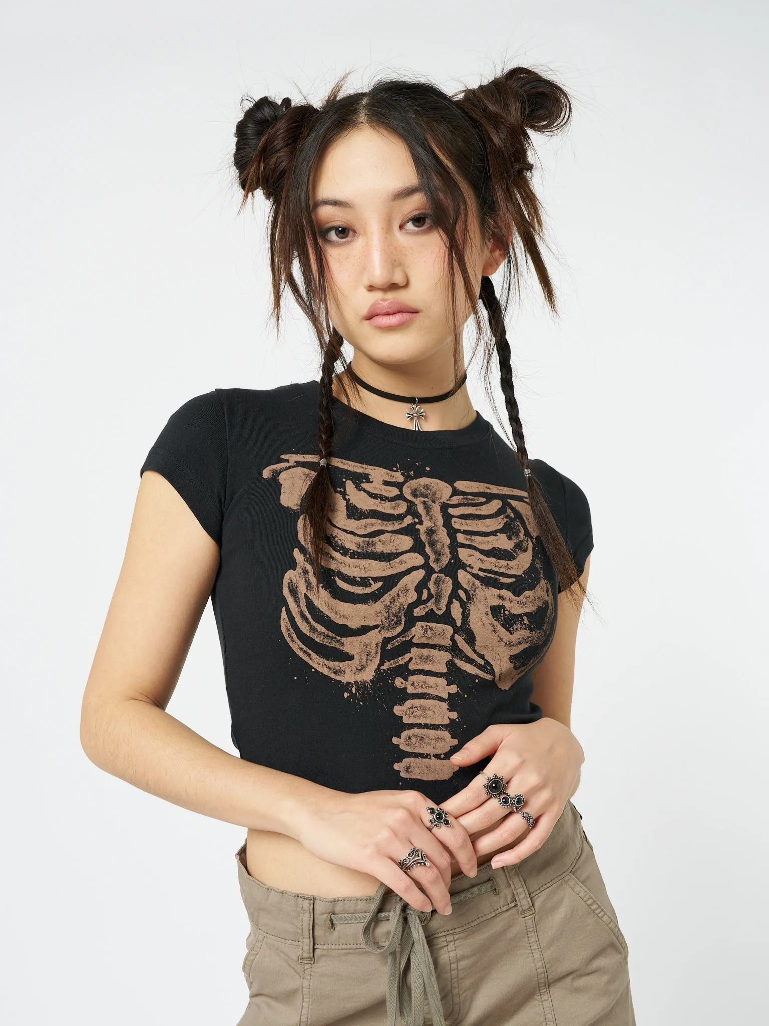 Skeleton Black Graphic Print Baby Tee