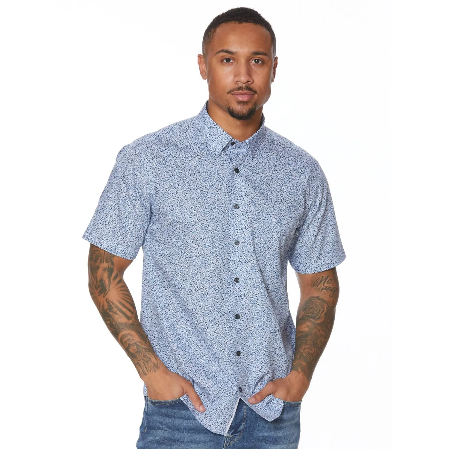 Sky Blue Geometric Print Short Sleeve No-Iron Cotton Sport Shirt with Hidden Button Down Collar by Leo Chevalier