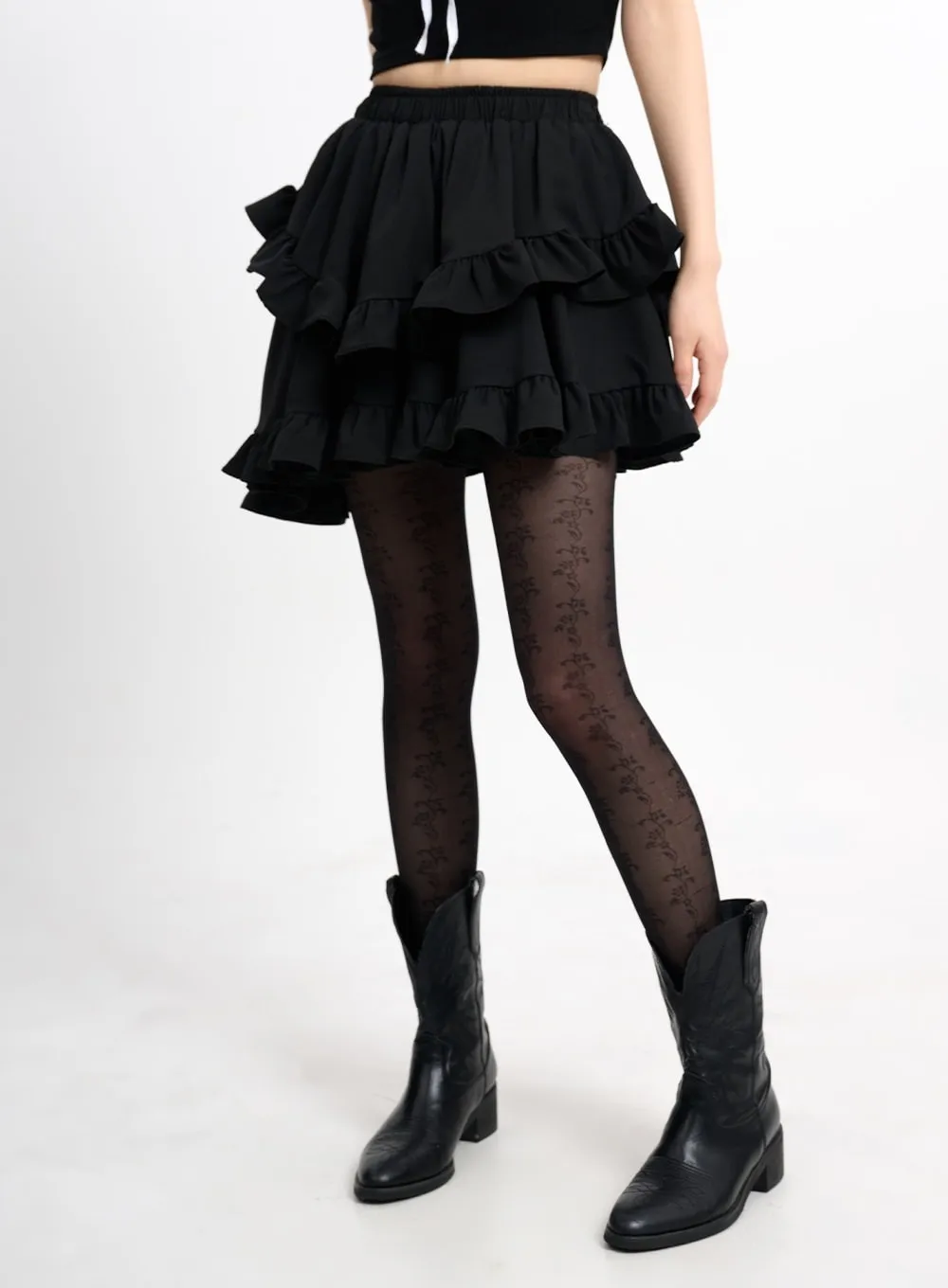 Solid Shirred Ruffle Hem Mini Skirt CM415