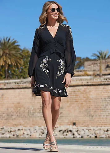 Sosandar Embroidered Floral Detail Ruffle Hem Dress | Kaleidoscope