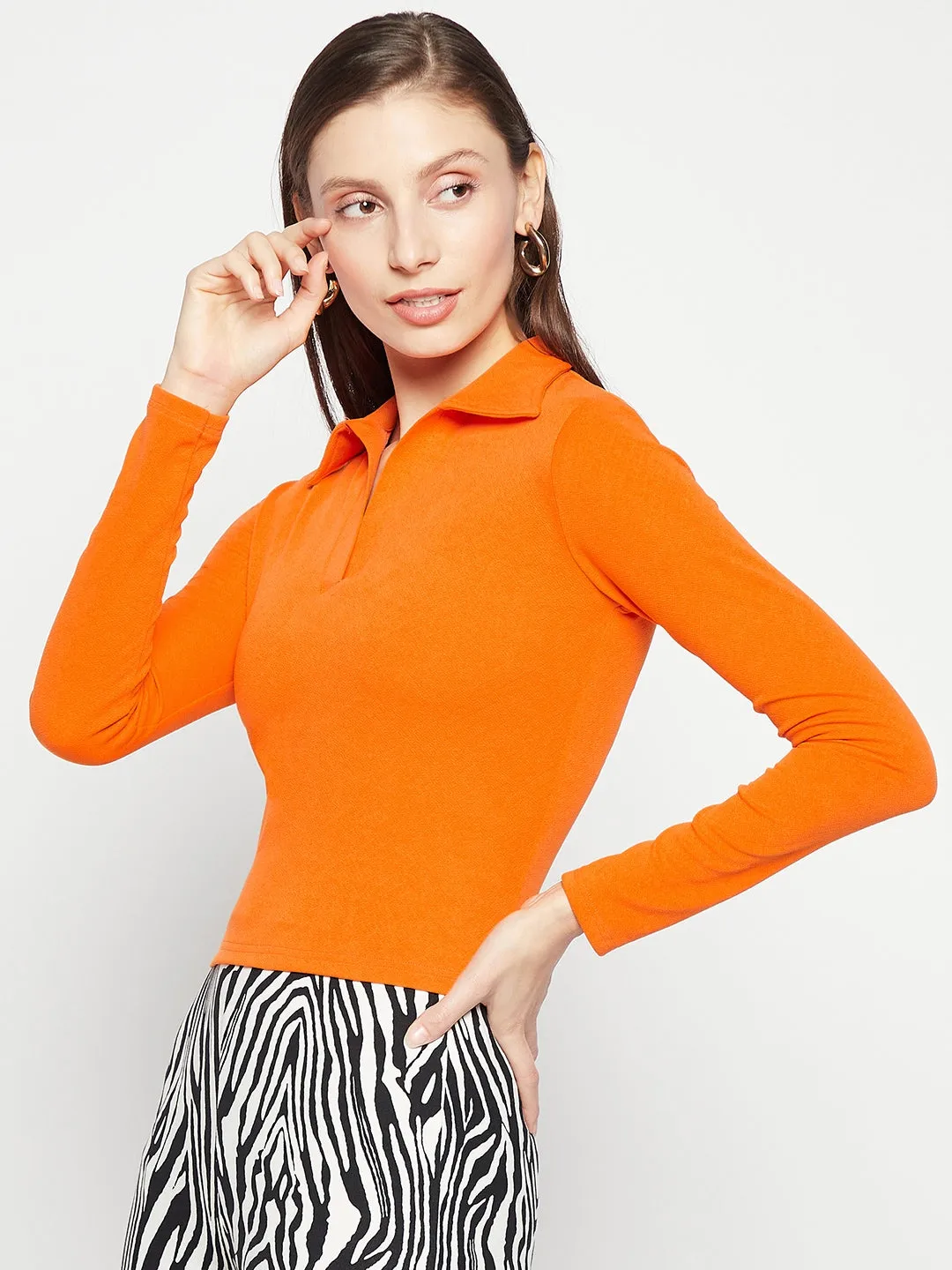 Stretchable Cotton Full Sleeve Collared Top