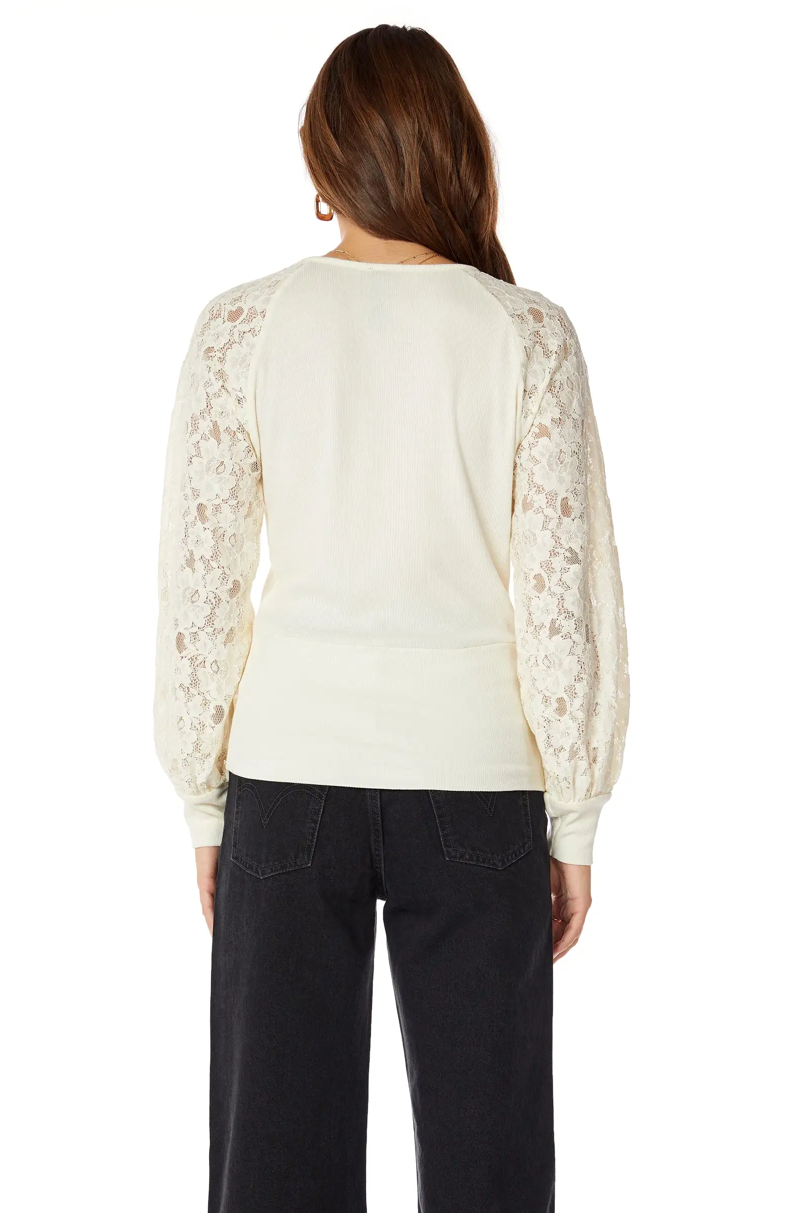 SURPLICE TOP WITH LACE SLEEVES