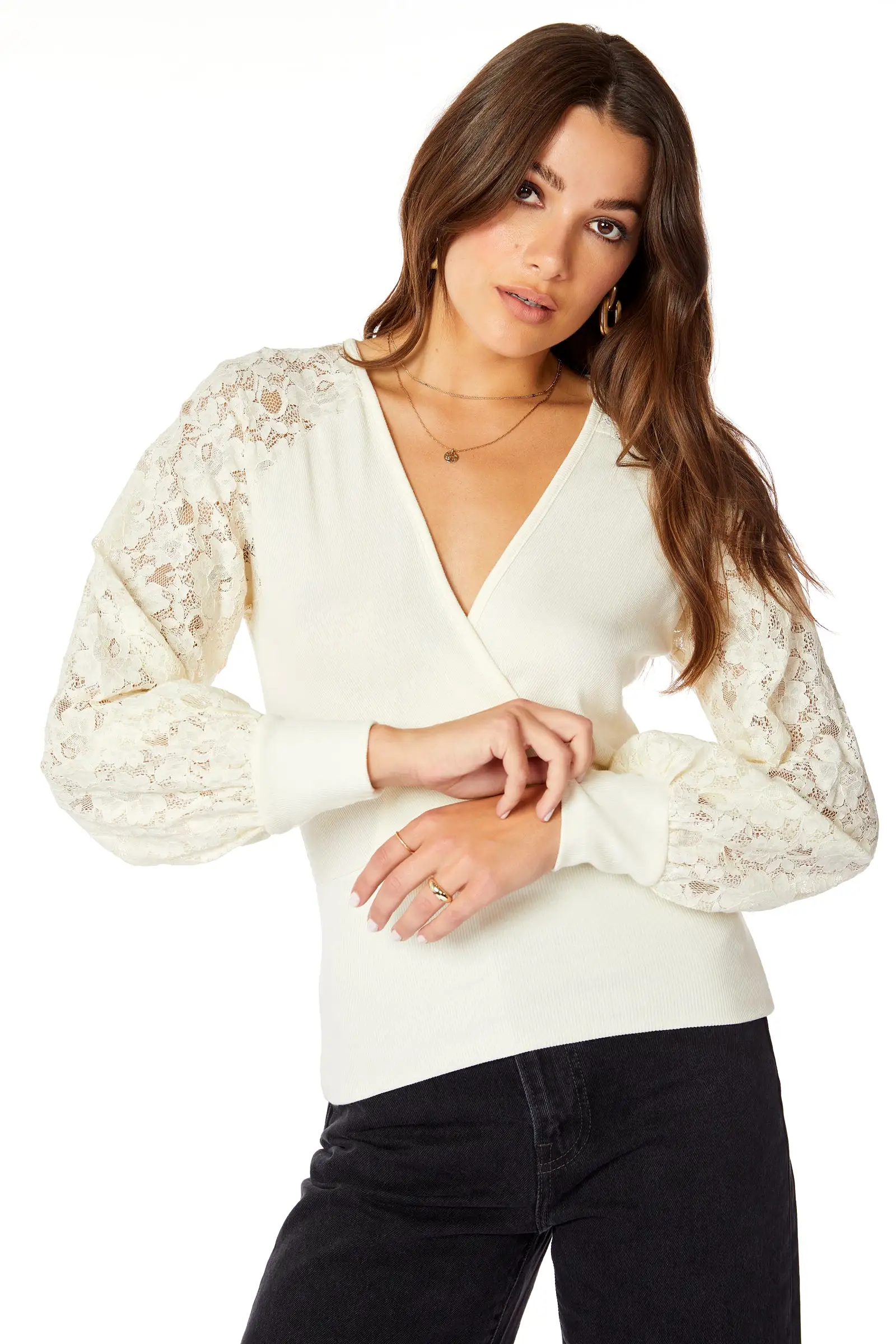 SURPLICE TOP WITH LACE SLEEVES