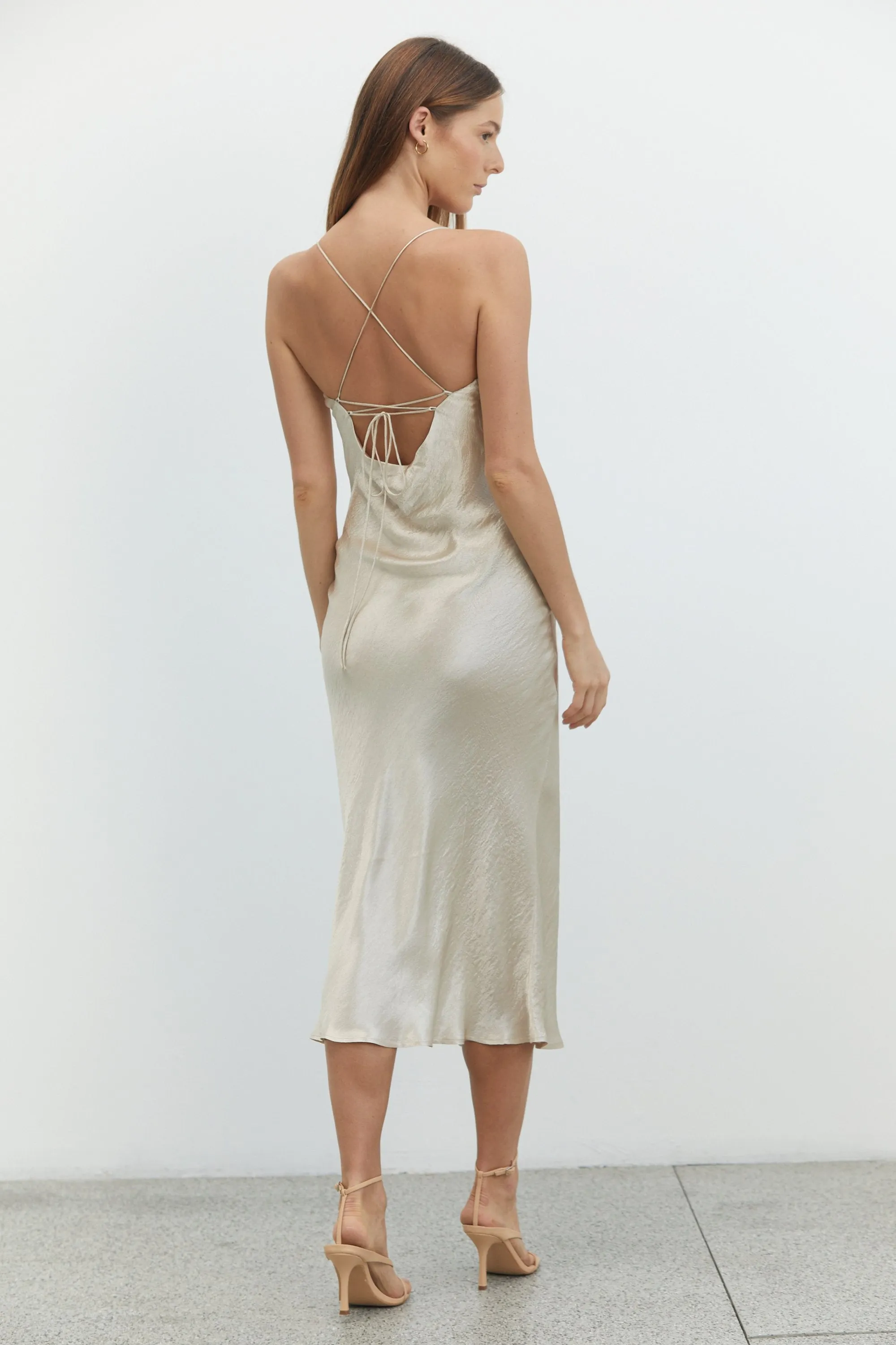 Third Form River Bed Bias Lace Back Slip Dress - Sand