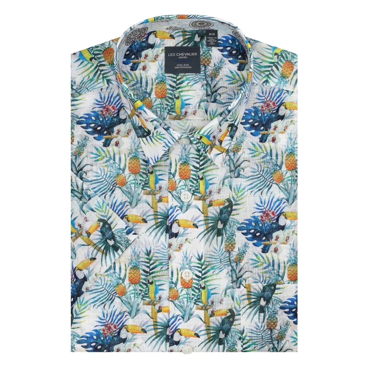 Tropical Print Short Sleeve No-Iron Cotton Sport Shirt with Hidden Button Down Collar by Leo Chevalier