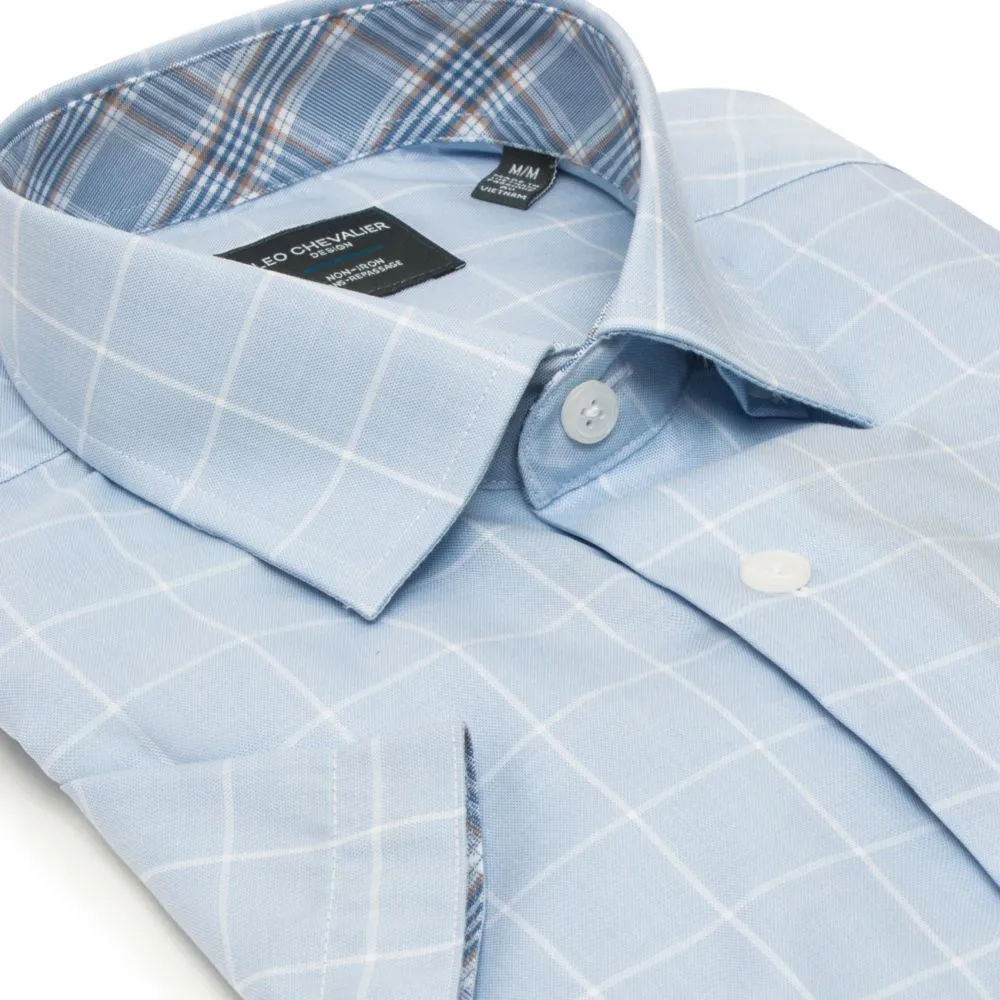 Twilight Blue and White Check No-Iron Cotton Short Sleeve Sport Shirt with Hidden Button Down Collar by Leo Chevalier