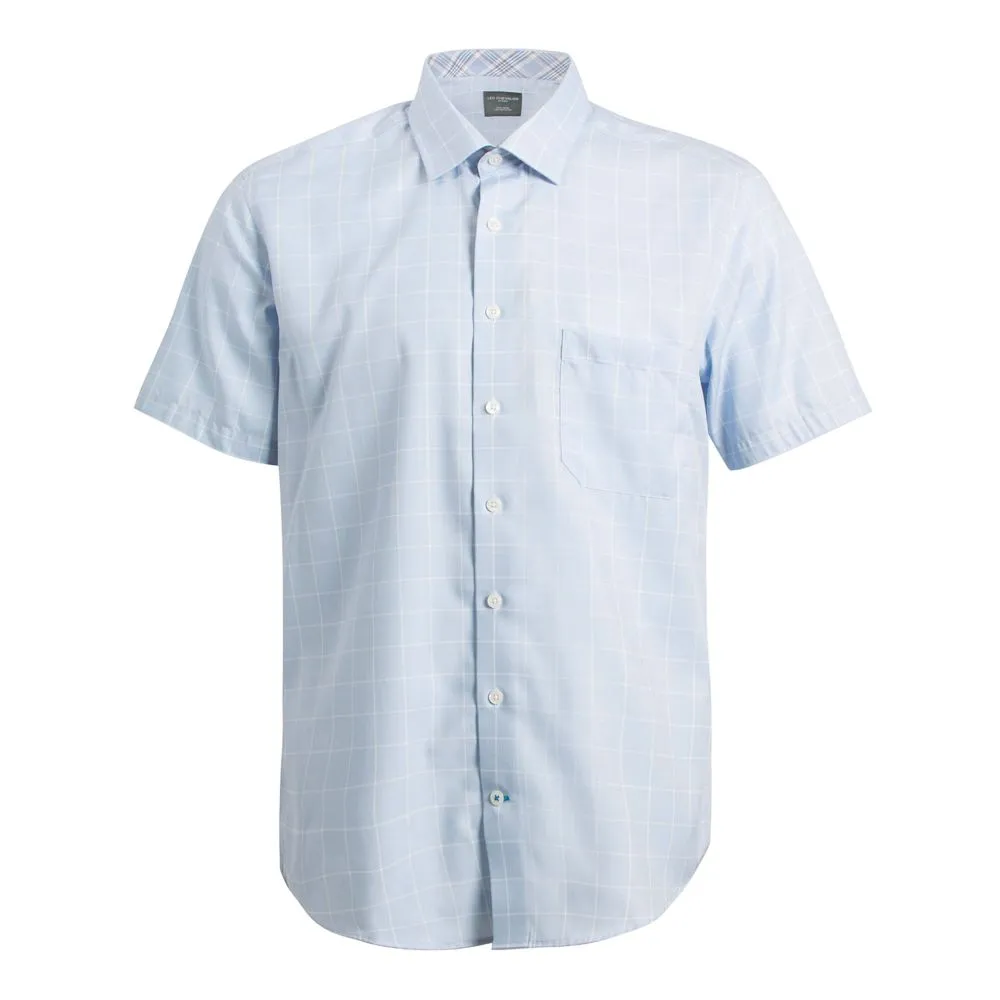 Twilight Blue and White Check No-Iron Cotton Short Sleeve Sport Shirt with Hidden Button Down Collar by Leo Chevalier