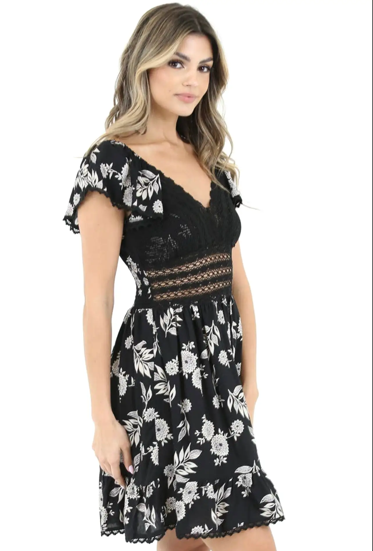 V NECK LACE BUST AND WAIST SHORT SLEEVE DRESS