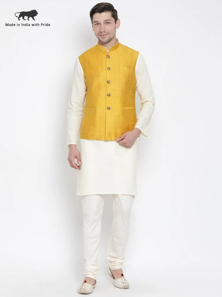 VASTRAMAY Men's Beige Cotton Blend Kurta, Ethnic Jacket and Pyjama Set