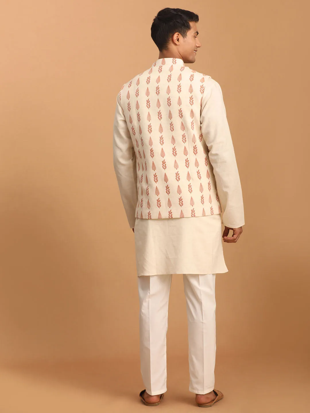 VASTRAMAY Men's Cream Leaf Printed Pure Cotton Nehru Jacket With Short Kurta And Pant Set