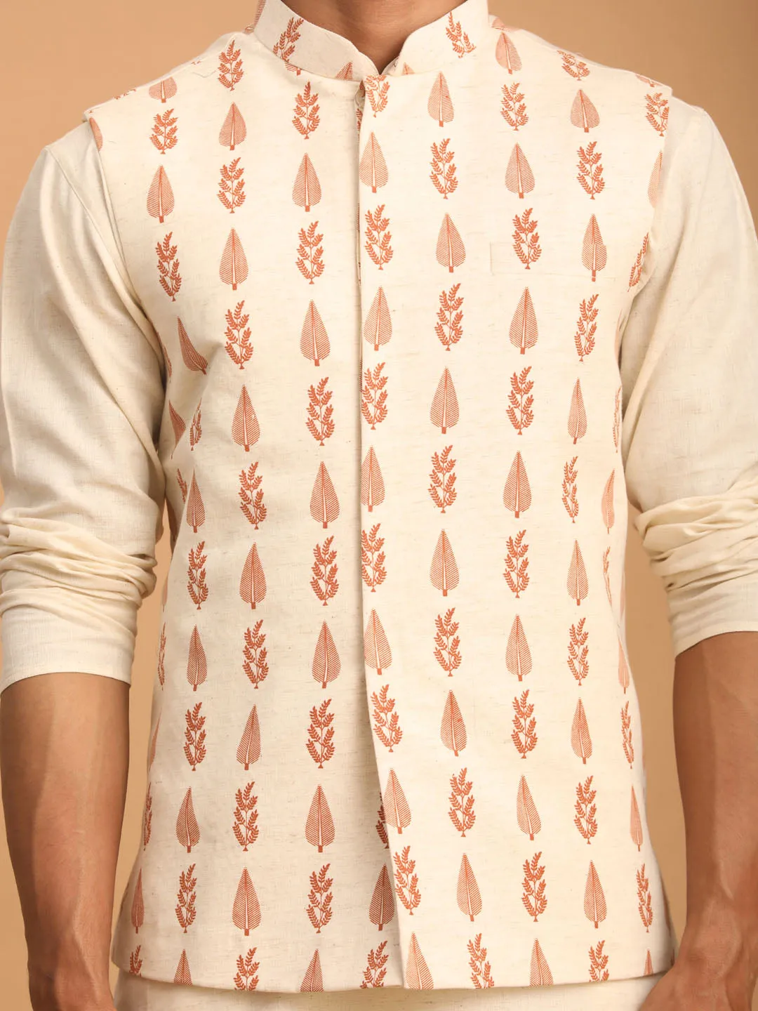 VASTRAMAY Men's Cream Leaf Printed Pure Cotton Nehru Jacket With Short Kurta And Pant Set