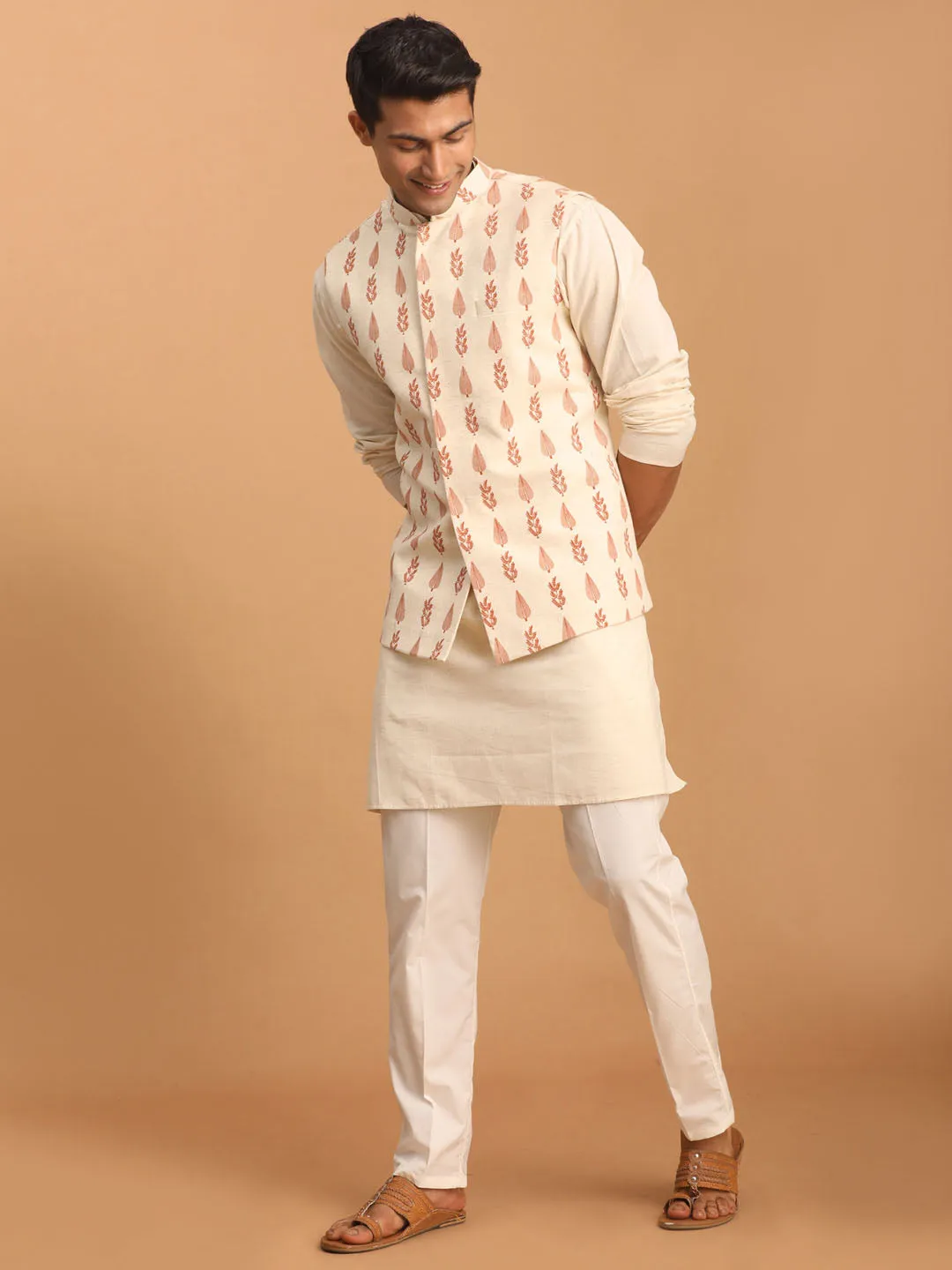 VASTRAMAY Men's Cream Leaf Printed Pure Cotton Nehru Jacket With Short Kurta And Pant Set