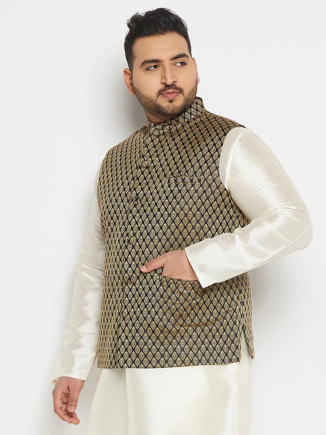 VASTRAMAY Men's Plus Size Black and Gold Jacquard Nehru Jacket