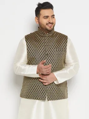 VASTRAMAY Men's Plus Size Black and Gold Jacquard Nehru Jacket