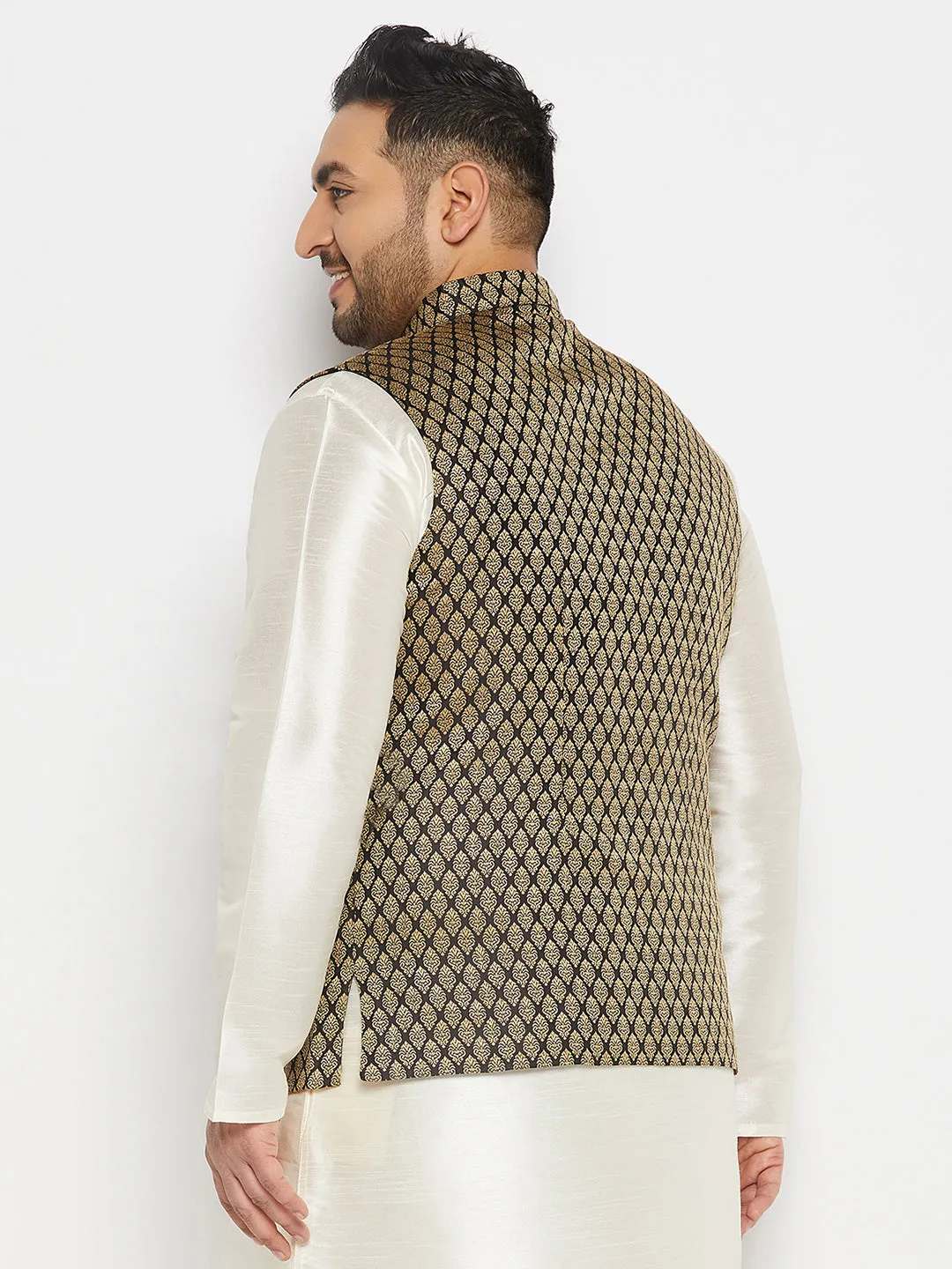 VASTRAMAY Men's Plus Size Black and Gold Jacquard Nehru Jacket