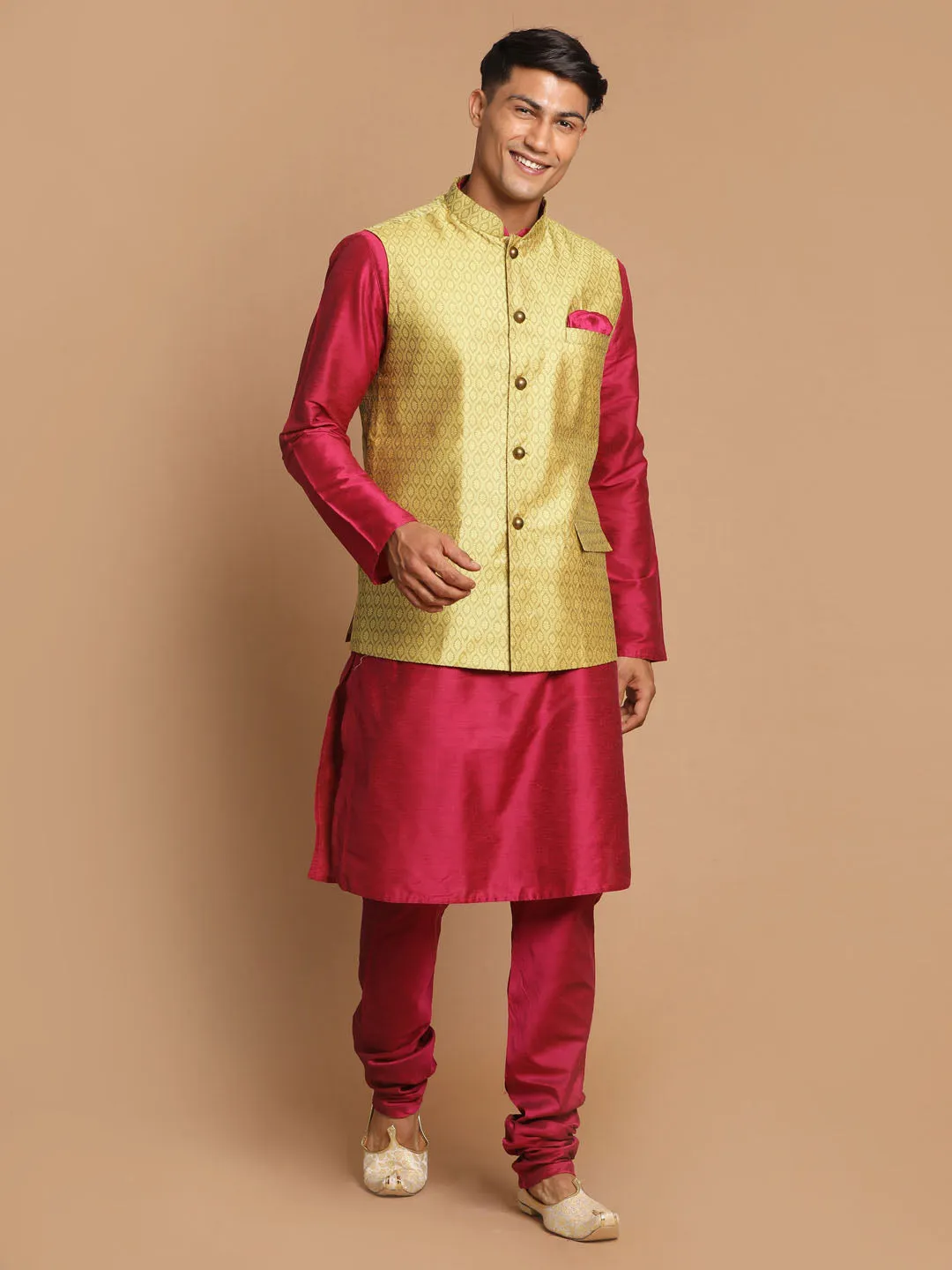 VASTRAMAY Men's Yellow Jacquard Nehru Jacket with Kurta Pyjama Set