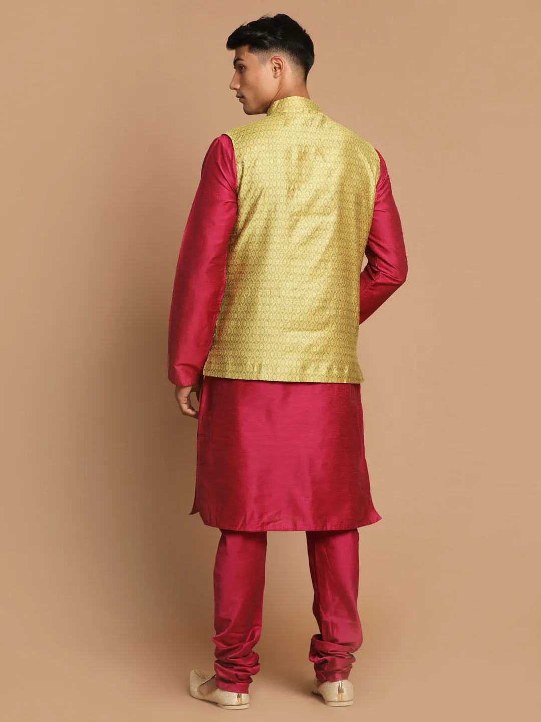 VASTRAMAY Men's Yellow Jacquard Nehru Jacket with Kurta Pyjama Set