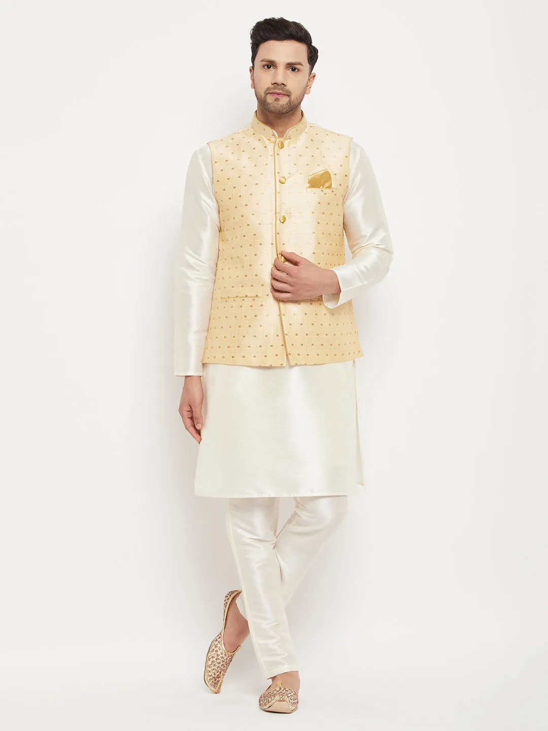 VM BY VASTRAMAY Men's Gold Zari Weaved Jacket With Kurta Pant Set