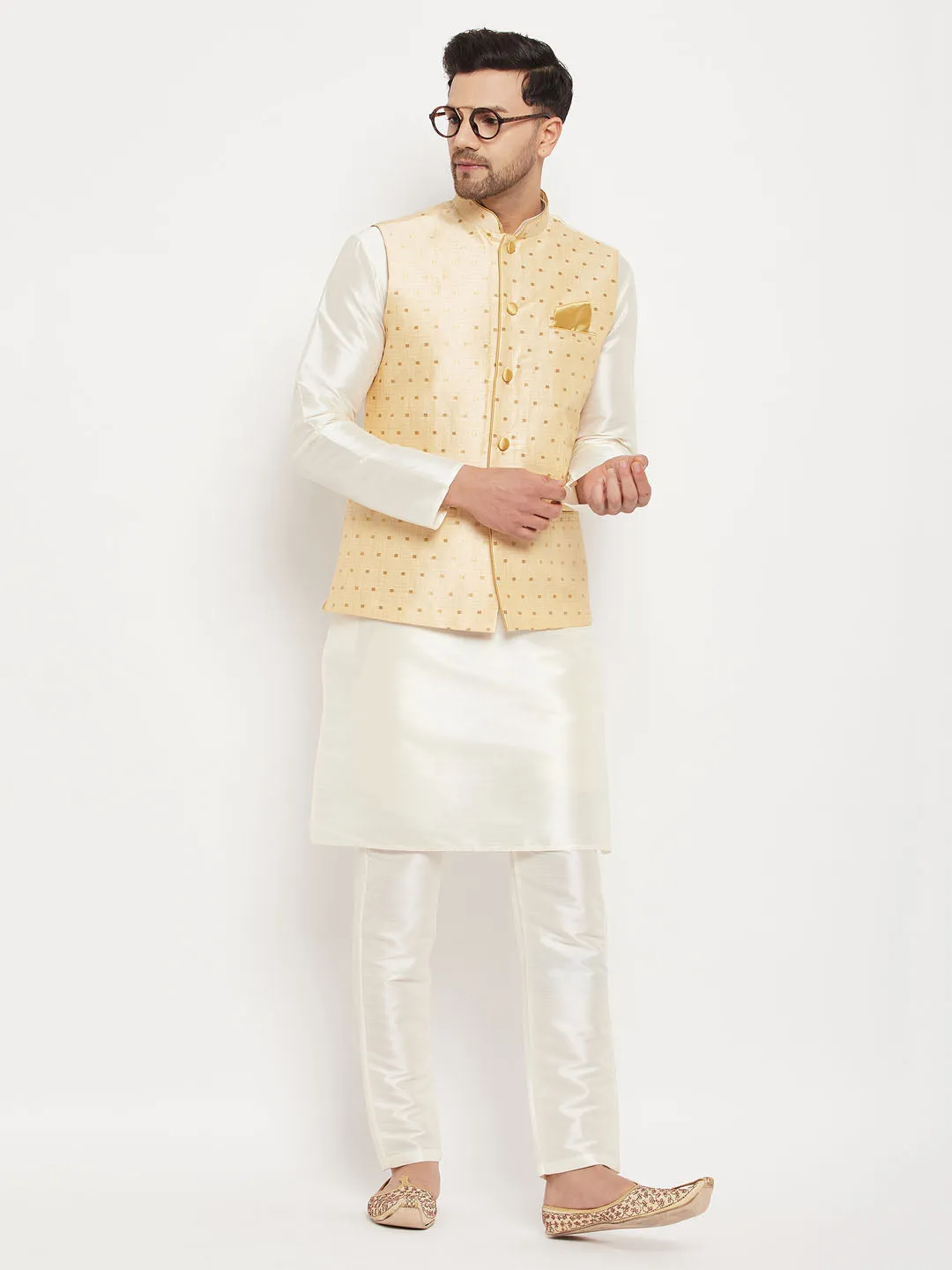 VM BY VASTRAMAY Men's Gold Zari Weaved Jacket With Kurta Pant Set